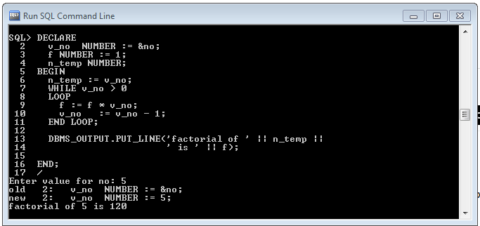 Program to print Factorial in PL/SQL using  While Loop